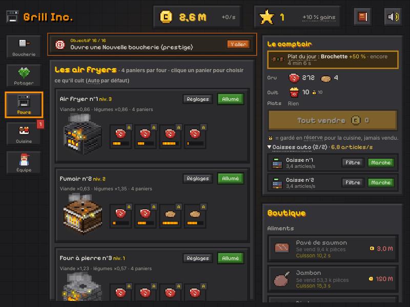 Vue des air fryers en pixel art, avec le comptoir et la boutique